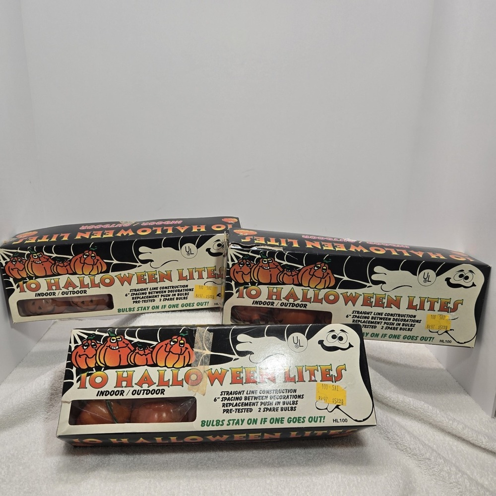 Vtg Blow Mold Halloween Lights 10 Jack o' Lantern String Bulbs Lot Of 3 Packages